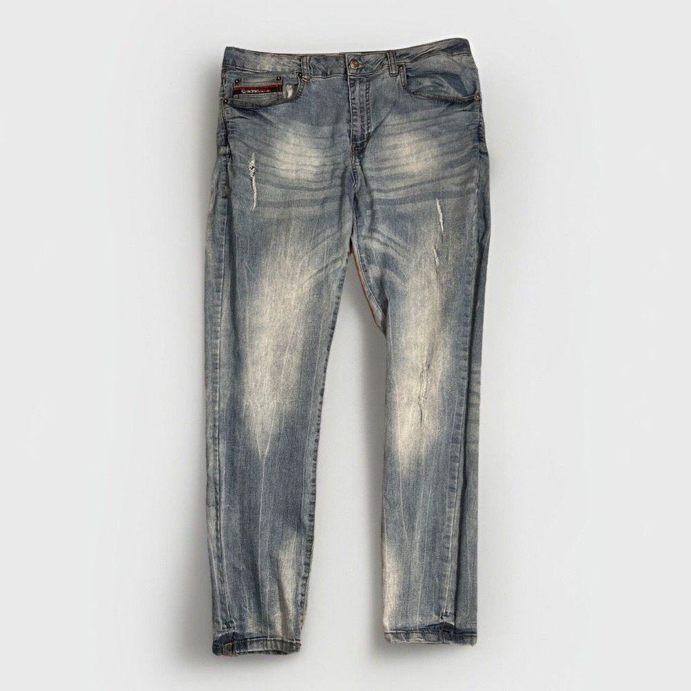 Akademiks Jeanius Jeans Men's 34x30‎ Blue Denim Distressed Medium Wash Straight